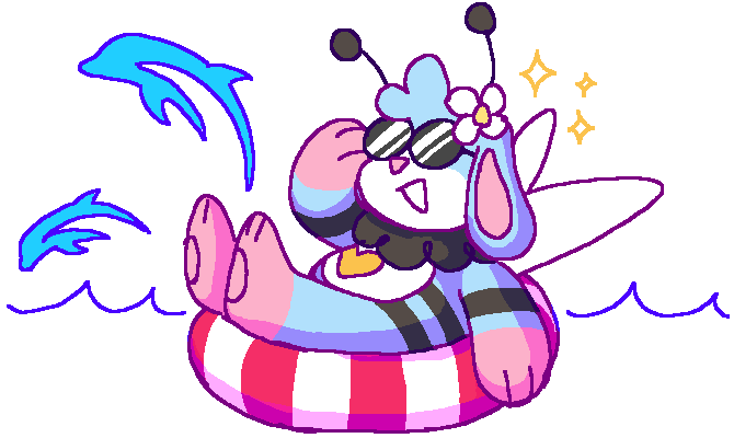 Bunnybee floating on an inner tube wearing sunglasses. Dolphins based on the Dolphin Emulator logo are jumping in the background.