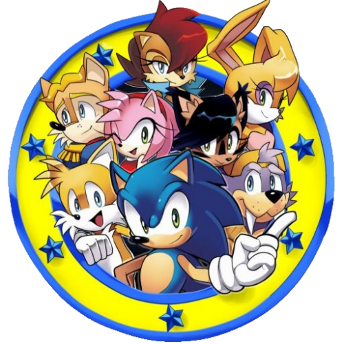 Ensemble art of Sonic and the Freedom Fighters in the ring from the Sonic the Hedgehog title screen.