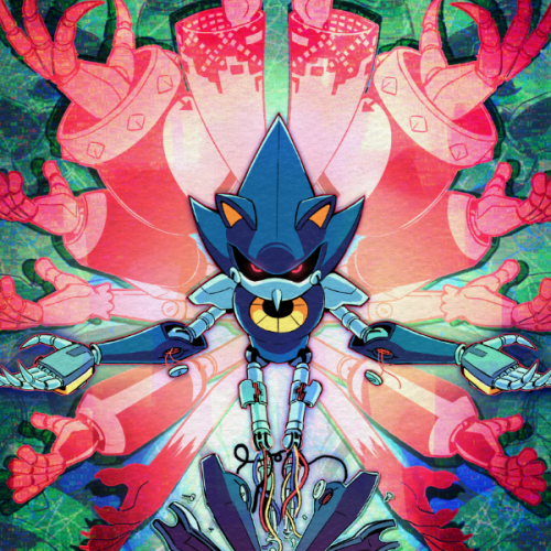 The zine's cover. Metal Sonic stands in the center. Behind him are the outstretched hands of many other robotic characters from the franchise.
