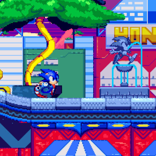 Sonic running through Discount Districts Zone, a colorful city.
