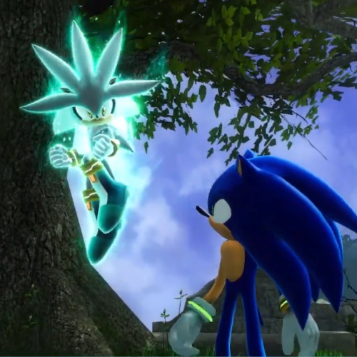 Sonic looking up at Silver, who is floating in the air and glowing with his telekinesis.