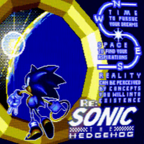 A piece from the pixel art gallery. Sonic stands in front of a giant warp ring with a distant planet on the other side. Text reads 'Time to pursue your dreams. Space to find your aspirations. Reality can be perceived by concepts you will into existence. Re: Sonic the Hedgehog.'