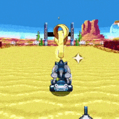A clip of the game. Mecha Sonic looks behind him while close to the finish line and sees nothing, then looks back again and sees Nights charging towards him with invincibility. He's launched into the sky by the impact but still crosses the finish line.