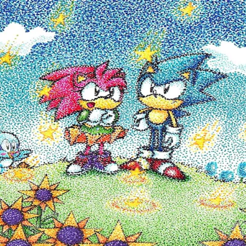 Classic Sonic and Amy standing in the field of flowers seen in Sonic CD's good ending.