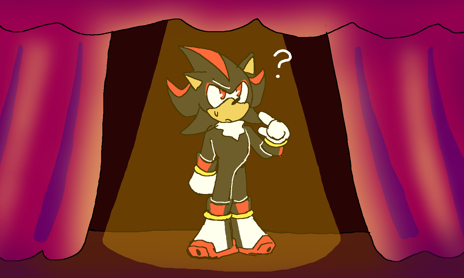 Art of Shadow standing on a stage with red curtains. A spotlight shines on him. He points to himself, looking confused.