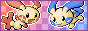 Plusle and Minun in front of a red and blue checkered background.