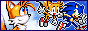 Tails and Sonic running next to each other with a close-up shot of his face in the background.