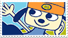 Parappa smiling on a light blue background.