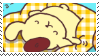 Pompompurin sleeping on a checkered yellow pillow.