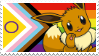 Eevee smiling with its paw up in front of the intersex-inclusive progress pride flag.