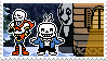 Sans and Papyrus standing by their house in Snowdin. Gaster, partially transparent, is doing a peace sign behind Sans as if to give him bunny ears.