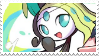 Meloetta smiling on an abstract background.