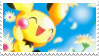 Pichu smiling in a field of white flowers against a blue sky.