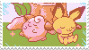 Pichu and Cleffa sleeping by a tree log.