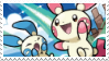 Plusle and Minun together. Plusle smiles, reaching out to the sky, while Minun shouts after it in the background.