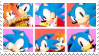 Six panels of old Sonic art against alternating orange and pink backgrounds.
