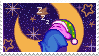 Kirby sleeping on a crescent moon with his sleeping cap and a blanket.