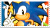 Sonic smiling at the camera with an abstract background similar to the Japanese Sonic box art.