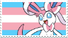 Sylveon sitting and smiling in front of a transgender pride flag.