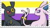 Espeon and Umbreon looking back at each other in front of a nonbinary pride flag.
